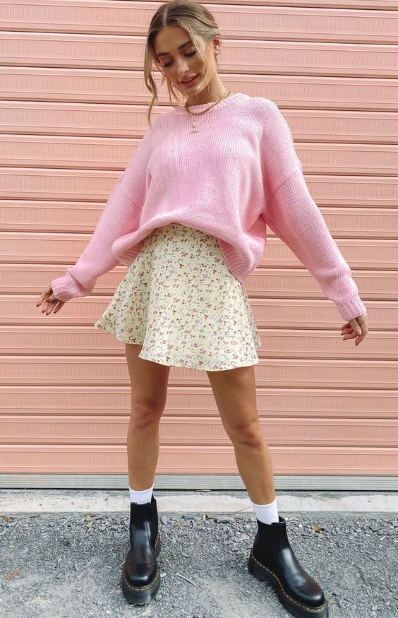 Pink Sweater with Floral Skirt and Black Boots